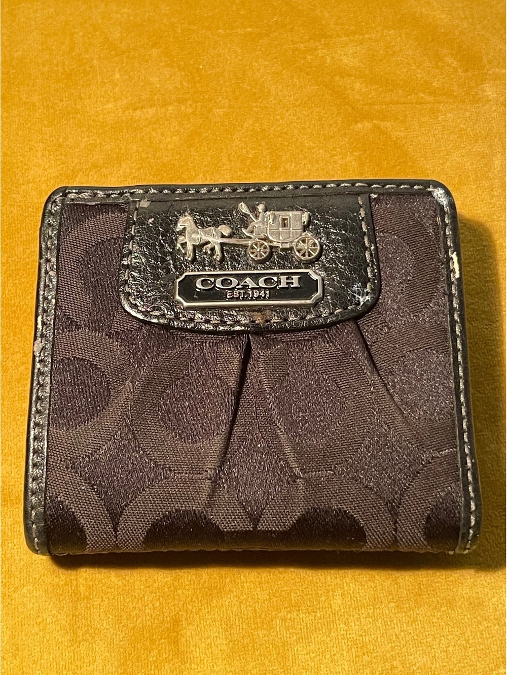 Coach Black Signature Pleated Compact Wallet Pink Interior